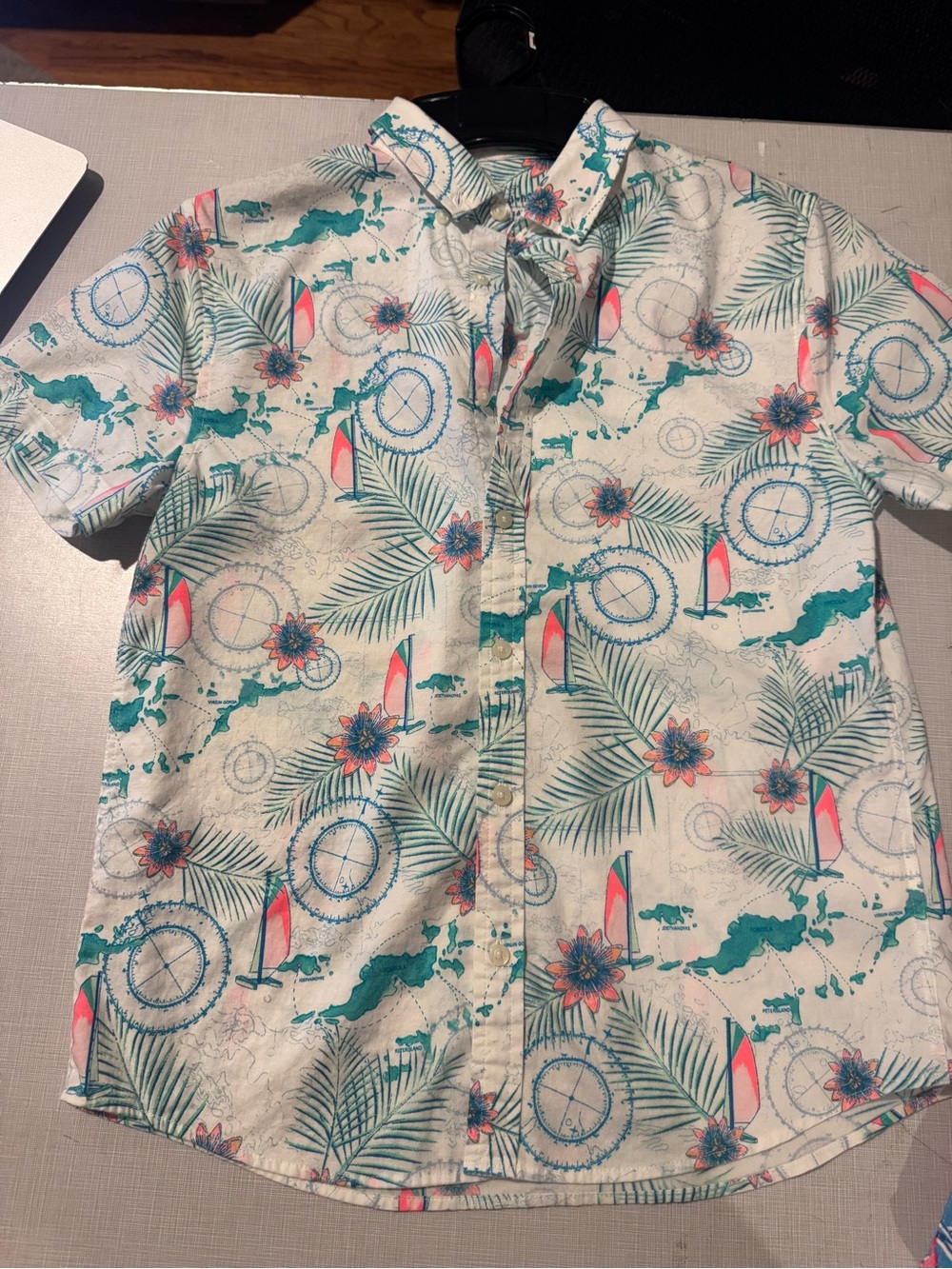 Vineyard Vines Kids White Tropical Palm Button-Down with Teal & Coral Accents